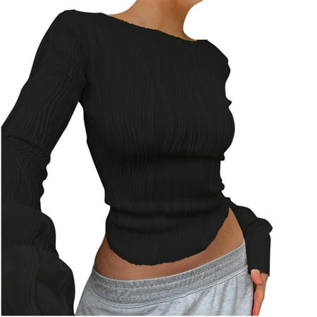 GWAABD Half Sleeve Tops for Women Women Slim Crop Shirt Long Sleeve Crewneck Fitted Tshirts Top Knit Cropped Tee Blouse Retro Streetwear