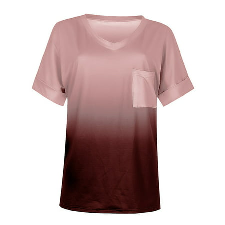 CLZOUD Womens Shirts Summer Red Women S Summer Fashion Casual Loose V-Neck Printed T-Shirt Top Blouse Xl