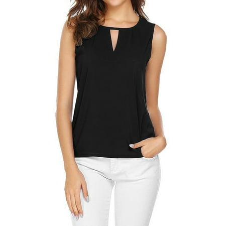 CLZOUD Halter Tops for Women Black Chiffon Fashion Women Solid O-Neck Hollow Out Sleeveless Casual Crop Tank Top Xl