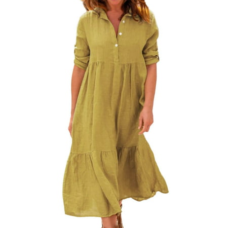 CLZOUD Women Flowy Dress Yellow Polyester Spandex Women Casual Fashion Solid Dress Turndown Collar Long Sleeve Dress Loose Dress L