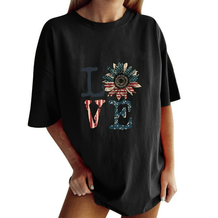 GWAABD Womens Long Sleeve Going Out Tops Women Short Sleeves Flag Printed Top Shirt Plus Size Independent Day Blouse Top Shirt Fashion T-shirt
