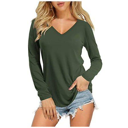 CLZOUD Women S Summer T Shirt Green Polyester Lady Fashion Women Top Solid Color Loose Long Sleeve V-Neck Casual Blouse Xxl
