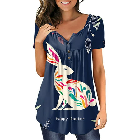 GWAABD Fashion T Shirts for Women Easter Womens Short Sleeve Crew Neck Rabbit Egg Printed T Shirt Top Casual Slim Shirts Tee Blouse