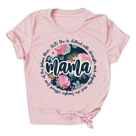 CLZOUD Womens Blouses and Tops Pink Polyester Loose Casual Floral MAMA Letter Top Print Short Sleeve L