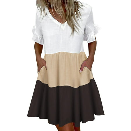 GWAABD MIDI Maxi Dress Women V Neck Color Matching Ruffle Mid Sleeve Pleated Dress Women S Pocket Dress