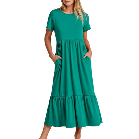 GWAABD Fashion Dresses Women S Summer Casual Short Sleeve Crewneck Swing Dress Casual Flowy Tiered Maxi Beach Dress with Pockets