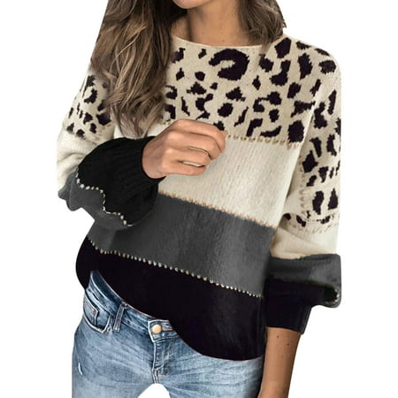 GWAABD Ladies Sweaters Women S Autumn and Winter Color Contrast Sweater Loose Round Neck Bottomed Sweater