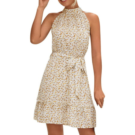 GWAABD Smocked Dress Womens Halter Neck Summer Boho Floral Print Casual Sleeveless Vintage Ruffle Belt Dresses