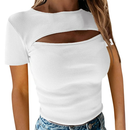 CLZOUD Fashion Blouse Women White Ladies Short Sleeve Round Neck Top Solid Color Pullover Hollow Out Slim Casual T Shirt Xxl
