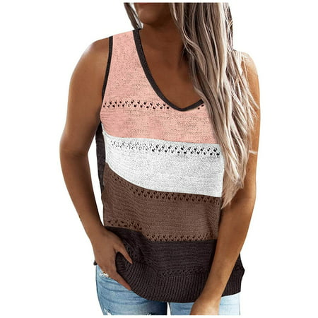CLZOUD Bandeau Tank Top Brown Women S Casual Comfortable Knit V-neck Splicing Pleated Sleeveless Vest Tops S