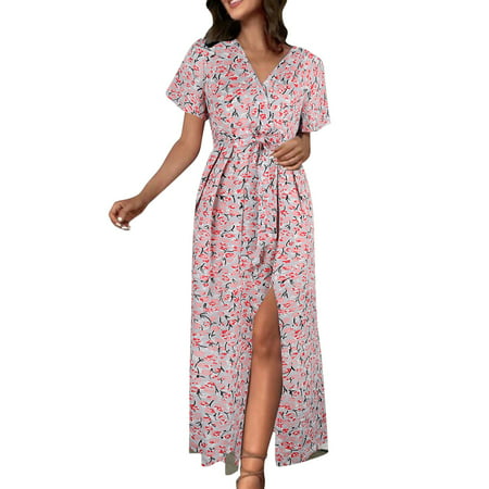 GWAABD Cute Black Dress for Women Dress for Women Fashion V Neck Short Sleeve Floral Print Sling Dress Casual Long Maxi Dress