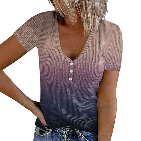 CLZOUD Women T Shirts Casual Khaki Women Short Sleeve Button V Neck Ribbed Shirts Top Summer Gradient Casual Tee Shirt Blouse Xxl