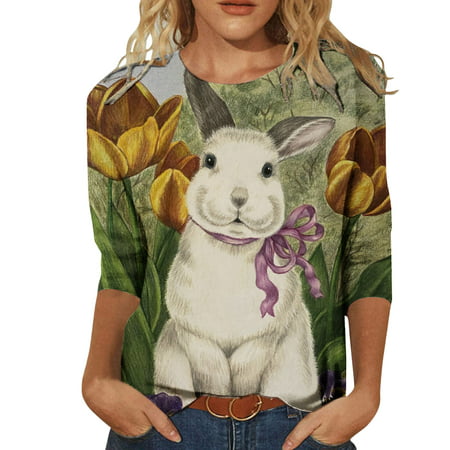 CLZOUD Women Tops and Blouses Dressy Casual Green Womens Printing Casual Fashion Crew Neck Three Quarter Sleeve T Shirt Blouse Tops L