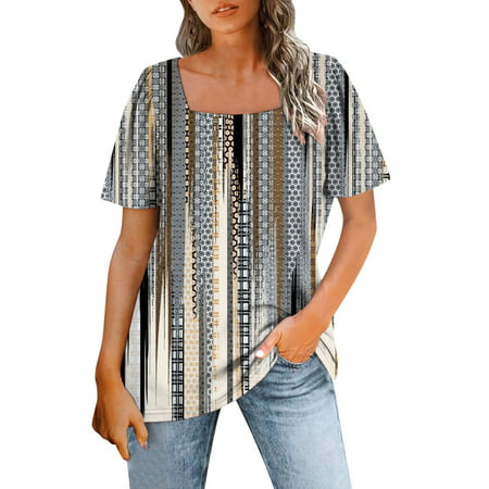 CLZOUD Fashion Blouse Women Grey Polyester Spandex Womens Short Sleeve Square Neck Flower Letter Printed T Shirt Top Casual Slim Shirts Tee Blouse L