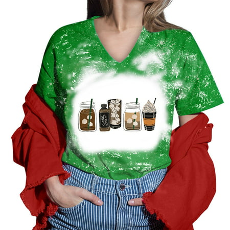 CLZOUD Womem T Shirts Green Women Printed Shirt for Womens Casual Short Tie Dye Sleeves Tops V Neck Tee Tunic Flower Loose Side Blouse Xl