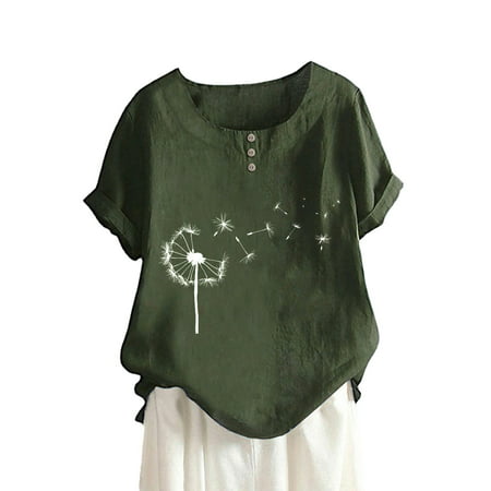 GWAABD Plus Size Clothes for Women Trendy Women Summer Round Neck Button Dandelion Print Short Sleeve T Shirt Top Blouse