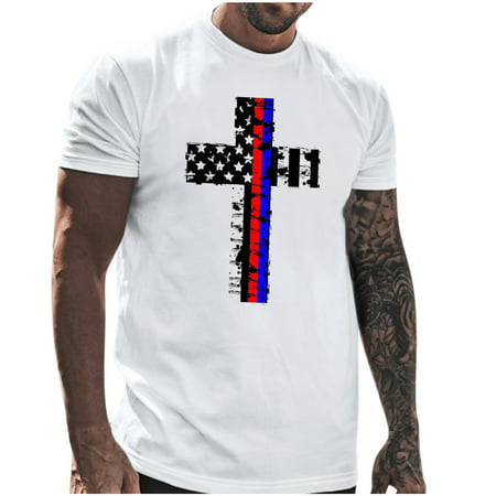 American Flag T Shirts for Men Male Casual Cross Print Blouse Round Neck Short Sleeve Tops Stars and Stripes 4th of July Graphic Tees Men White L