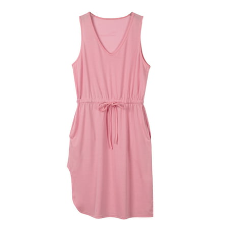 Ersazi Spring Dresses for Women 2023 Women S Fashion Sleeveless Solid Color Flower Flowing Pocket Vest Dress T-shirt Sun Dresses Women Summer Casual  