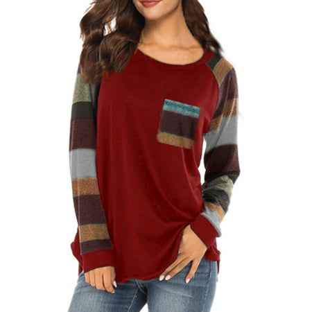 CLZOUD Womens Fitted Shirts Red Cotton Fashion Women Stripe Casual Top T Shirt Ladies Loose Long Sleeve Top Blouse S