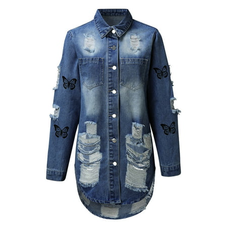 GWAABD Sherpa Jacket Women Plus Size Womens Casual Blouse Women S Button Perforated Denim Jacket with Pocket CoatPolyesterRound NeckStreetGirls