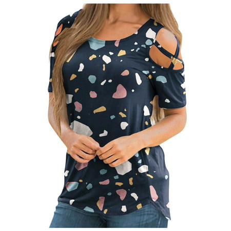 GWAABD Women Tunic Tops for Leggings Women Casual Print Splice Strap Short Sleeve T Shirt Round Neck Blouse Loose Top