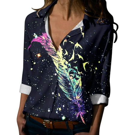GWAABD Tops Trendy Womens Spring Summer Printed Long Sleeve V Neck Shirt Top Blouse