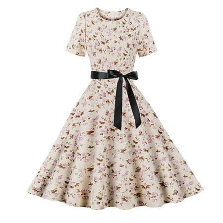 CLZOUD Elegant Dresses for Women Beige Polyester Spandex Women S Vintage Print Dresses Short Sleeve Swing Party Dresses Big Swing Puffy Dresses L
