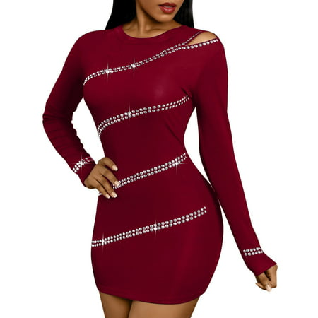 GWAABD Fall Womens Dresses Neck Bag Sleeve Dress Round Long Slim Rhinestone Fashion Women S Strapless Women S Dress