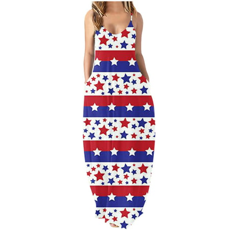 Guieoi Summer Dress Women S V-neck Strap Sleeveless Long Pocket Independent Day Print Dress Sleeveless V-neck Dress Summer Dresses 4804 on Clearance