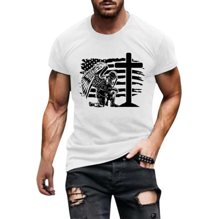 Independence Day T Shirt for Men Male Casual Round Neck Short Sleeve Print Blouse Tops Stars and Stripes 4th of July Graphic Tees Men White L