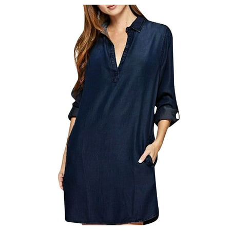 GWAABD Women S Shift Dresses Shirt Fashion Washed with Lapel Vintage Denim Denim V-neck Blue Dress Women S Women S Dress
