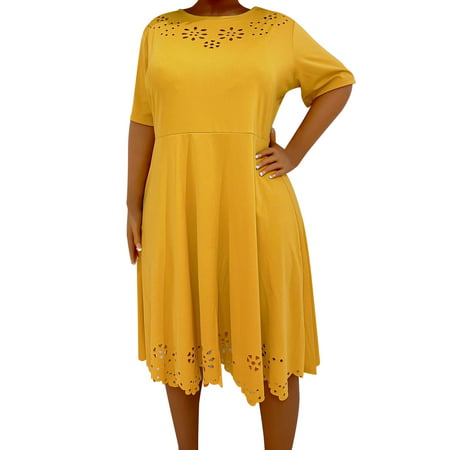 GWAABD Dresses with Shorts Underneath Womens Solid Color Large Loose Round Neck Short Sleeve Large Swing Skirt Solid Color Dress