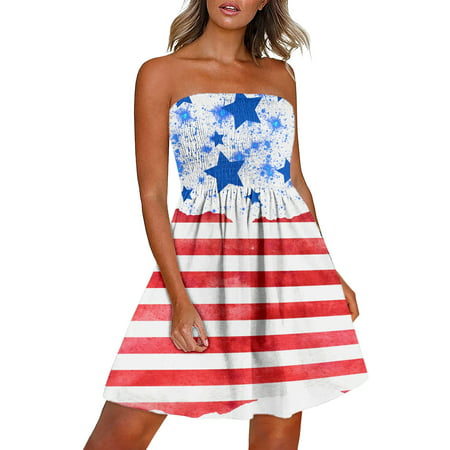 Cglfd Summer Dresses for Women 3443 Women S Summer Boho Style Independence Day Print Sleeveless One-Shoulder Dress Summer Dresses Clearance