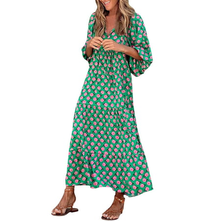 CLZOUD Woman Dresses Elegant Casual Green Polyester Spandex Women Fashion Boho Print Half Sleeve Dress V Neck Strap Loose Splice Long Dress Holi Dress