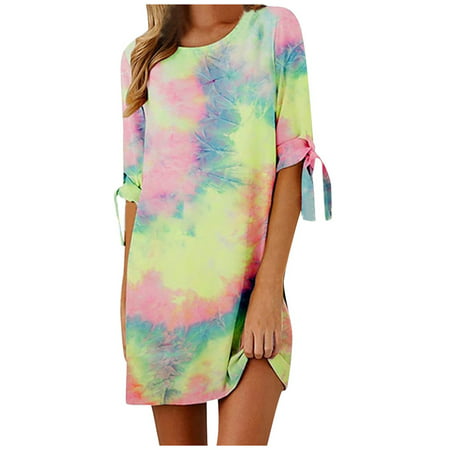 CLZOUD Casual Dress for Women Green Cotton Womens Ruffle Sleeve Casual Plain Short Sleeve Dress Casual Draw String Dress Xl