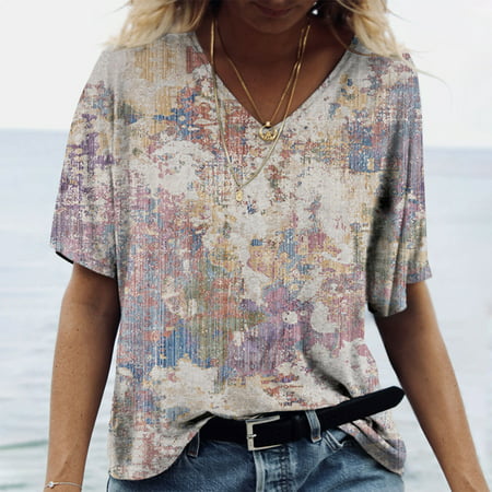 CHMORA Womens Summer Tops 2289 Casual Dressy Short Sleeve V Neck T Shirts Plus Size Floral Shirt Cute Tees Trendy Blouses Tshirt(Silver，M）