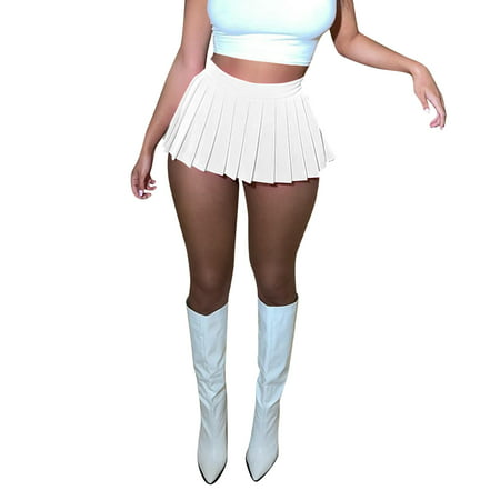CLZOUD Elegant Dresses for Women White Womens Mini Pleated Skirt Club High Elastic Tennis Skating Skirt a Line Skirt L