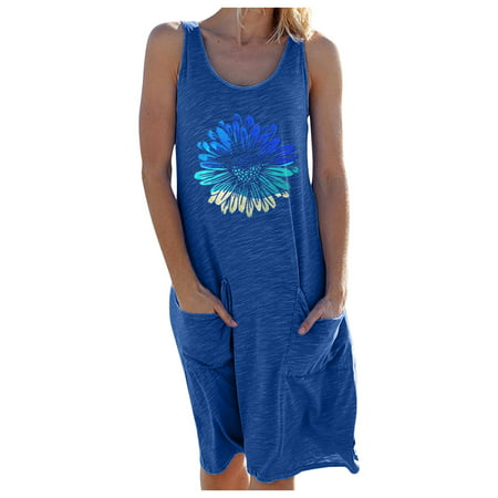 GWAABD Tiered Long Dresses Dress Print Women Pocket Chrysanthemum Dress Casual Round Sleeveless Neck Women S Dress