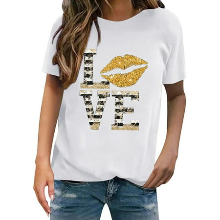 Scyoekwg Womens and Mens Valentine S Day Shirt Crewneck Short Sleeve T Shirts Summer Love Lip Print Tops Casual Loose Tees Shirts Graphic Tees White L