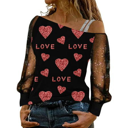 GWAABD Womans Sweatshirts Women Fashion Print Cold Shoulder T Shirt Mesh Long Sleeve Spliced Blouse Tops