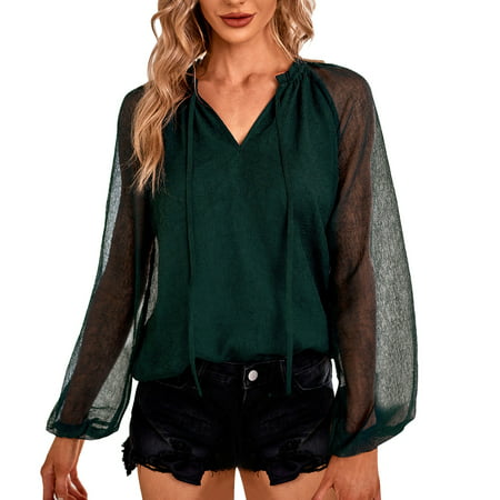 GWAABD Women S Long Sleeve Top Lace Casual Loose Shirt and T Shirt V Neck Pullover Solid Chiffon Shirt
