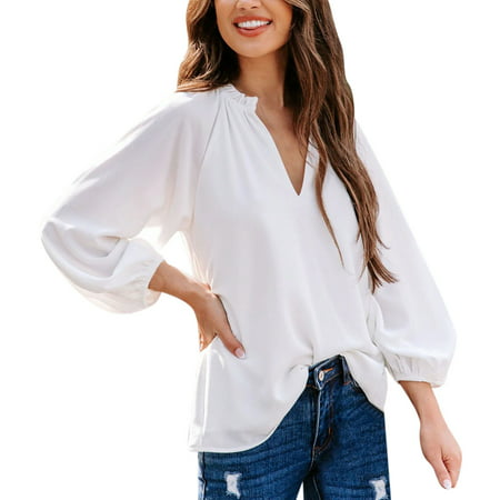 GWAABD Plain T Shirts for Women Women Fashion Trend Cool Long Sleeved Shirt Solid Color Comfortable Casual V Neck Top