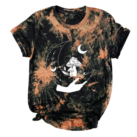 GWAABD Women Casual Tie Dye Printing Short Sleeve Tops Blouse Round Neck Casual Tee Tunic Shirts