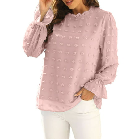 GWAABD Trending Clothes for Women 2023 Womens Tunic Tops Long Sleeve O Neck Polka Dot Blouses Shirts