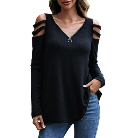 GWAABD Womens Long Sleeve Shirt Womens V Neck Zip Long Sleeve Top Solid Off Shoulder Pullover Casual T Shirt