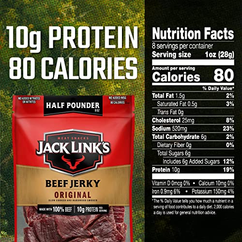 Jack Link's Beef Jerky, Original, 1/2 Pounder Bag - Flavorful Meat Snack, 10g of Protein and 80 Calories, Made with Premium Beef - 96% Fat Free, No Ad thumbnail