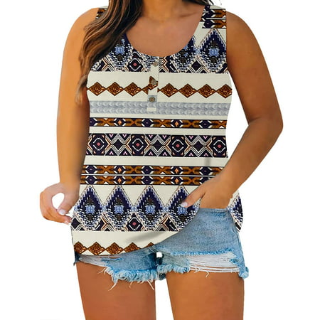 CLZOUD Cropped Tops for Women Khaki Summer Women Sleeveless Floral Printed Button Plus Size Tank Tops Loose Crew Neck Vest T Shirts Tunics Tee Xxxl