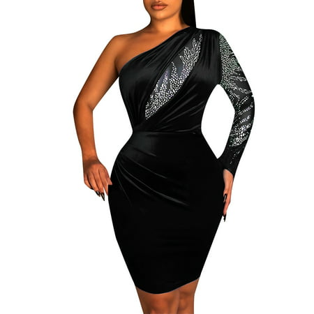 GWAABD Fancy Dress for Women Women S Mesh Stitching Gold Velvet Slant Shoulder Long Sleeved Wool Lace Wrap Dress