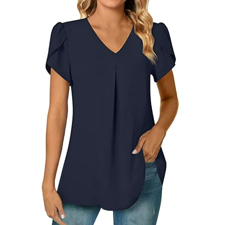 CLZOUD Women Casual Blouse Dark Blue 2023 Women S Summer Fashion Chiffon Shirt V Neck Short Sleeved Tunic Top Suitable for Leggings S