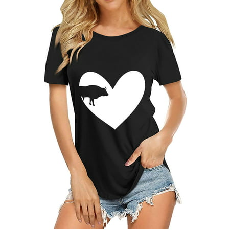 GWAABD Womens Long Sleeve Shirt Blouse Day Neck Short-Sleeved Women S Round T-Shirt Top Print Valentine S Women S Blouse